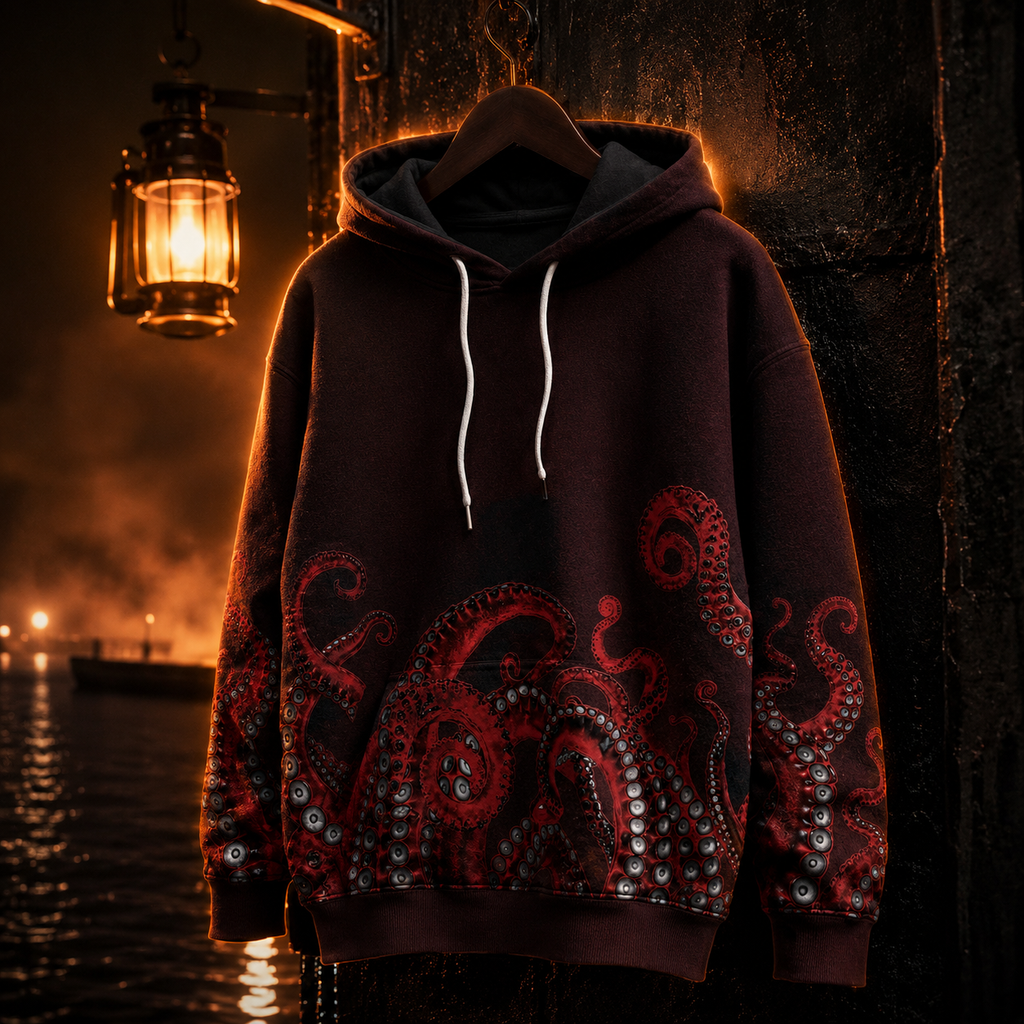 Crosfil Surfacing Hoodie — Red Kraken Tentacle All-Over Print
